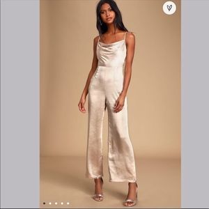 Lulu's Elegant Satin Jumpsuit in Champagne